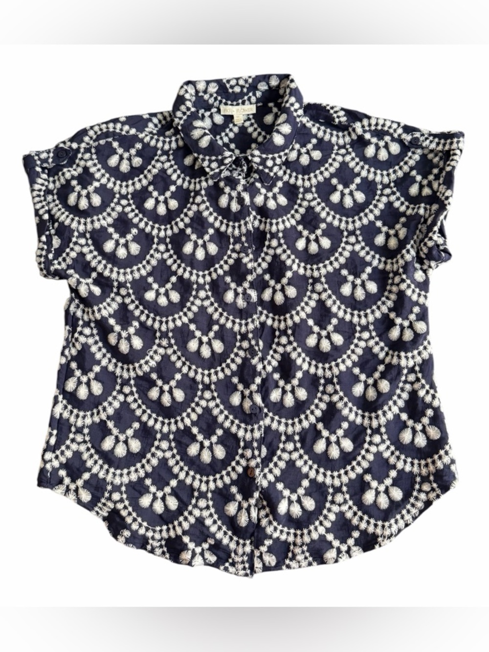fig and flower embroidery Navy and white Scallop-Pattern Button Down blouse(008)